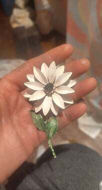 Vintage 1960's Large White and Black Enameled Daisy Flower Brooch Pin